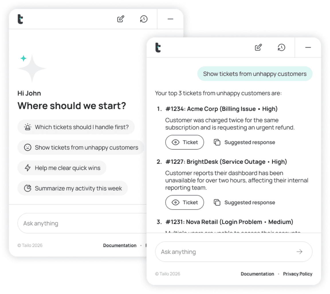 Tailo’s customer support assistant showing ticket prioritization and suggested responses